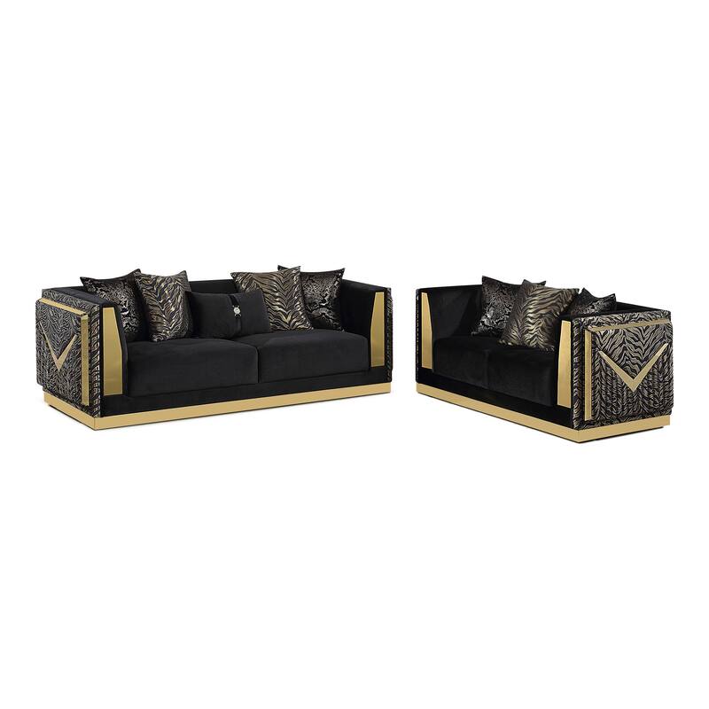 Furniture of America Ospray Glam 2-Piece Black Velvet Upholstered Zebra Print Sofa Set