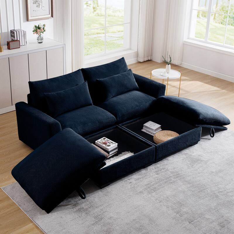 Corduroy Loveseat Sofa Couch with Storage Ottomans, Modern Sectional 2 Seater Sofa with Deep Seat, Pillows for Small Spaces