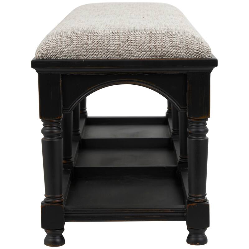 Fabric Arched Storage Bench with Traditional Turned Legs and Beige Cushion - Black - Roche River Decor - 16"Wx59"Lx19"H