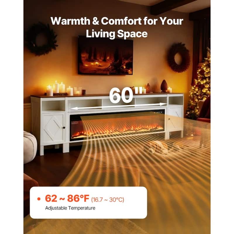 60-Inch Electric Fireplace TV Stand in White for Large TVs Adjustable Heat and Flame Settings - 60.79” x 6.3” x 13.98”