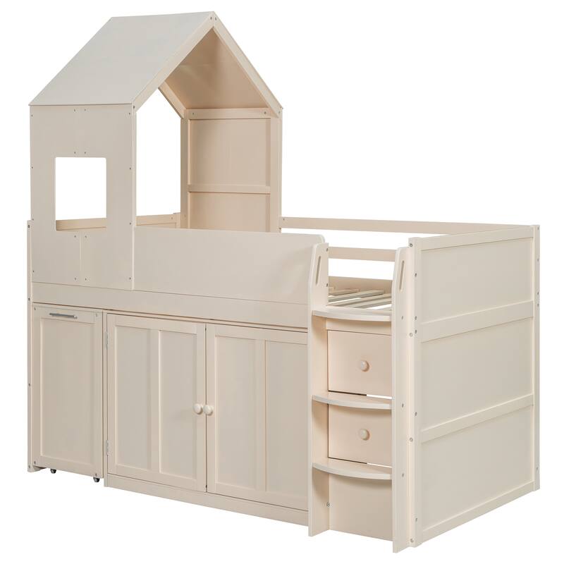 Twin Wood Loft Bed with Desk, Drawers & Cabinets, Space-Saving Design