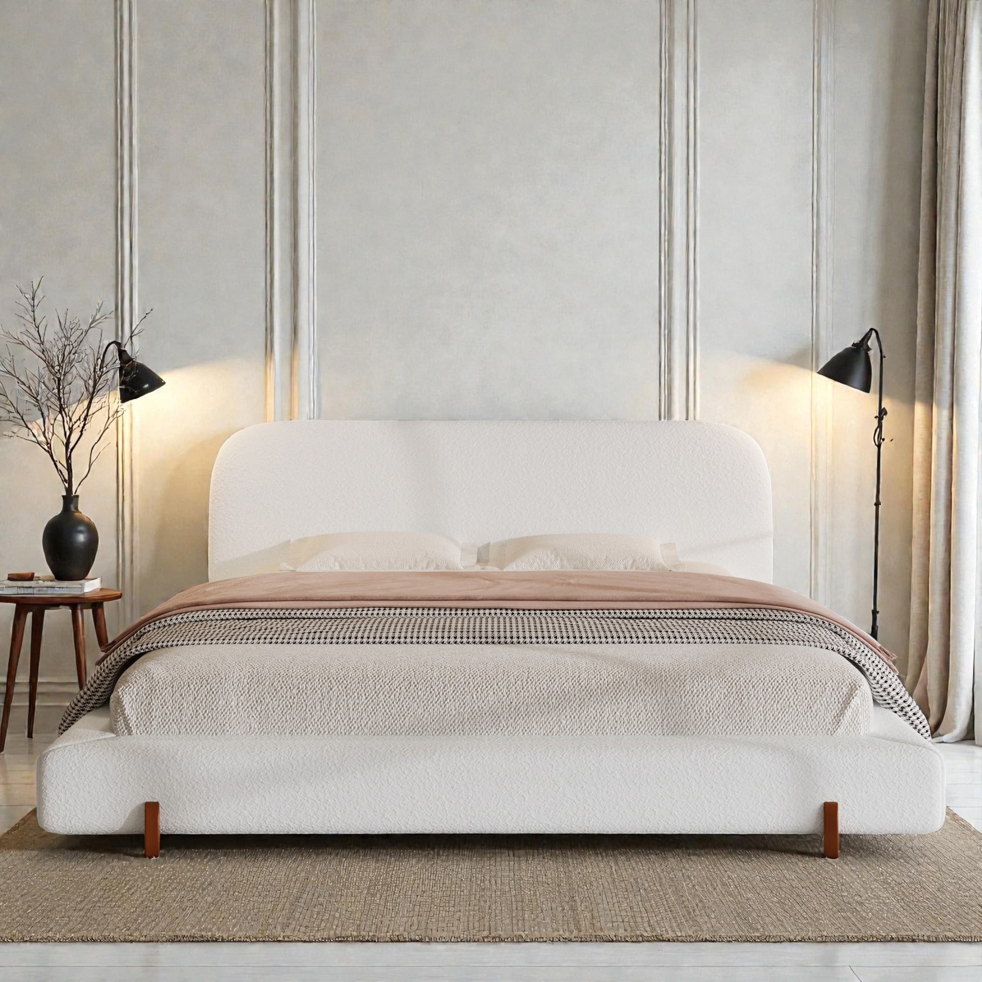 King Upholstered Bed Frame with Thick Side Panels, Solid Wood Legs and Fabric Headboard, Durable Platform Design