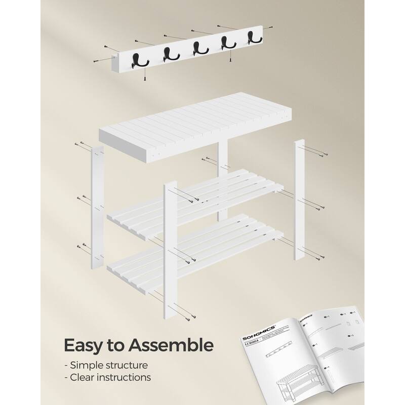 4-in-1 Wicker Hall Tree with Bench and 2 Bottom Shelves 5 Double Hooks for Bags and 3 Pairs of Shoes - 11.3"D x 27.6"W x 17.8"H