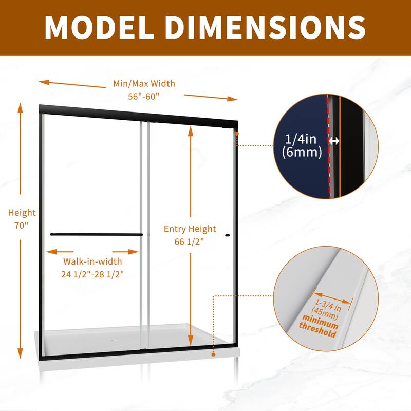 Modland 56-60"x70'' Adjustable Double Sliding Shower Door, 1/4" ANSI Glass with Nano Coating, Framed Bypass Enclosure