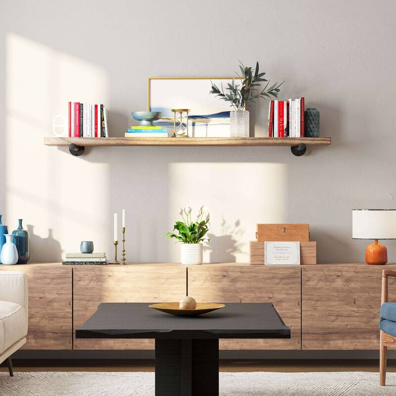 Wallniture 60 or 84 inch Long Wall Shelf, Industrial Pipe Shelving, Wooden Book Shelves for Living Room, Rustic Decor, 1 Pc