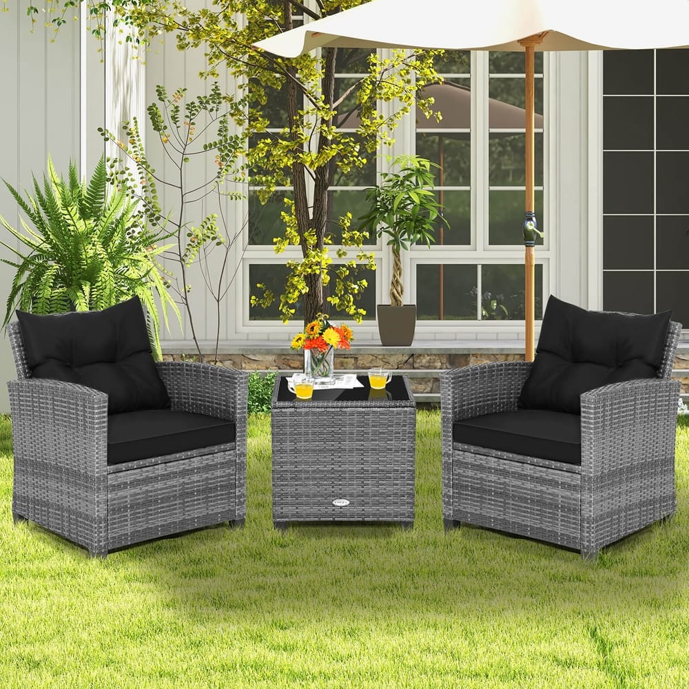 Costway 3PCS Patio Rattan Furniture Bistro Set Cushioned Sofas Side - See Details