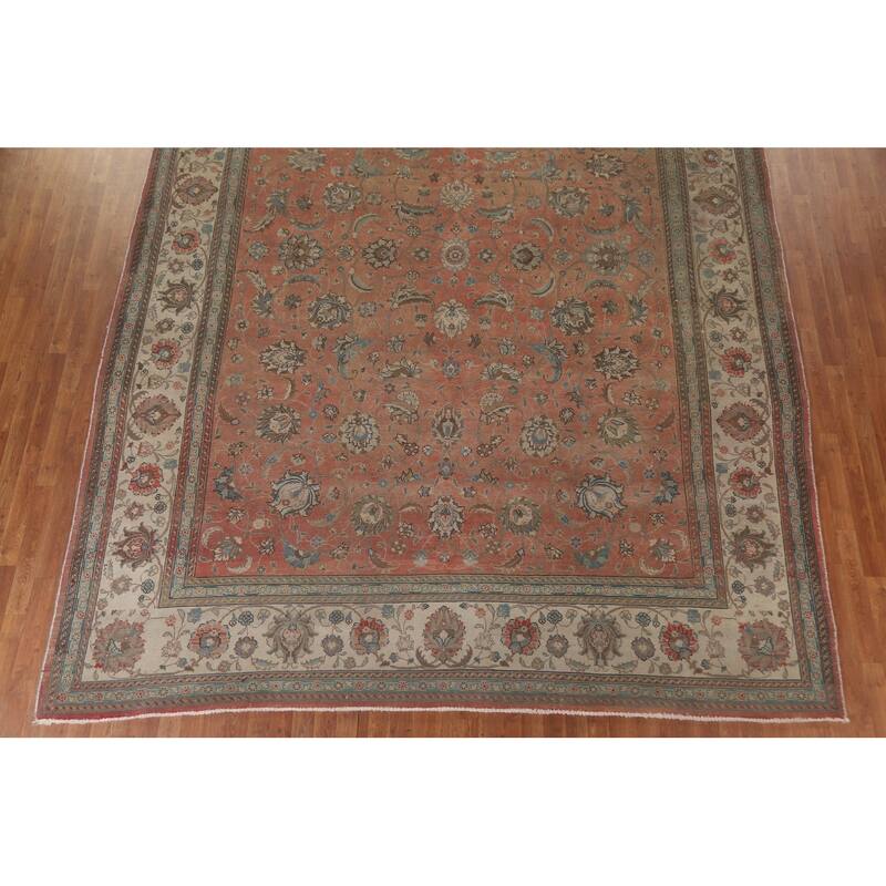 Hand Knotted Oriental 100% Wool Carpet Traditional All-Over Oranges & Rust Tabriz Area Rug - 13' 10'' X 10' 7''