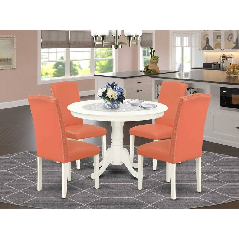 Round Dinette Set 5Pc - 42 Inch Table & 4 Chairs - Pink Flamingo PU Leather - Home Kitchen Furniture