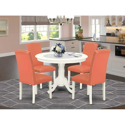 Round Dinette Set 5Pc - 42 Inch Table & 4 Chairs - Pink Flamingo PU Leather - Home Kitchen Furniture