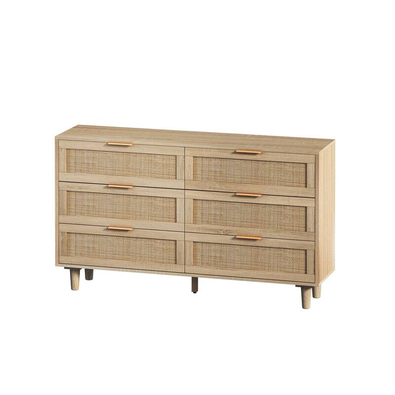 Wood Rattan Dresser with 6 Drawers, Modern Large Storage Cabinet