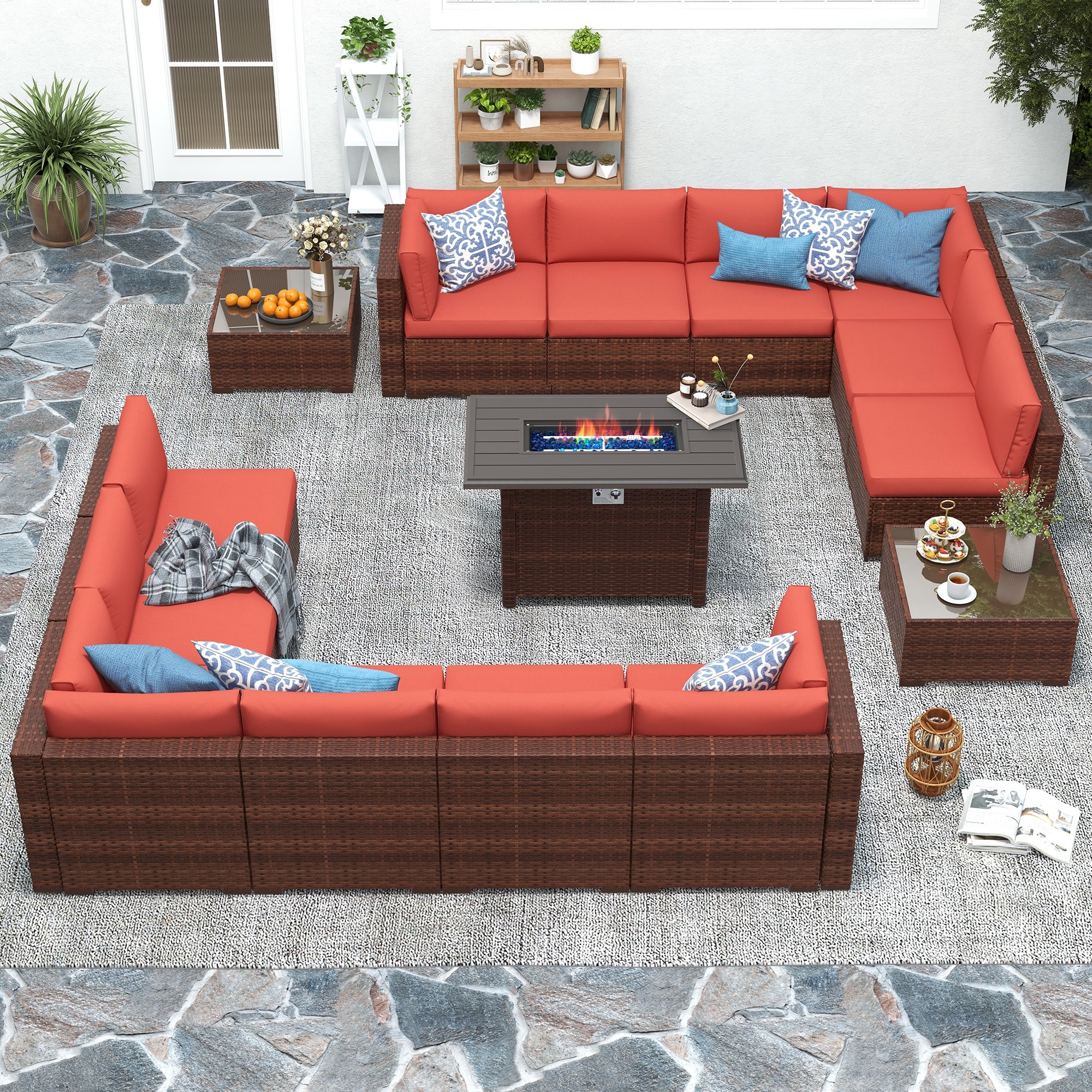 15 Piece Wicker Set Patio Sofa Furniture with Fire Pit And Table