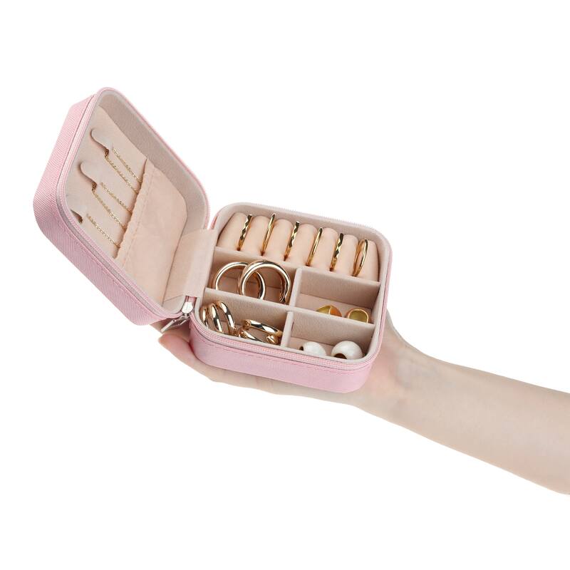 Travel Jewelry Box for Women Girls Birthday Gift, Mini PU Leather Jewelry Organizer Case Storage - Pink