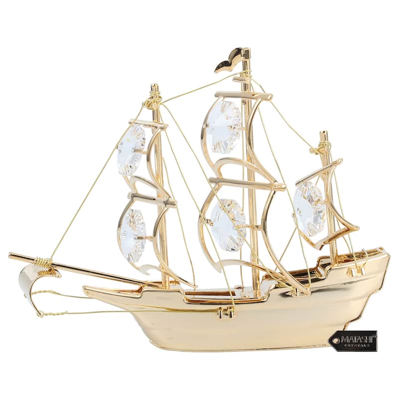 Matashi Home Decorative Tabletop Showpiece 24K Gold Plated Crystal Studded Mayflower Sailing Ship Ornament