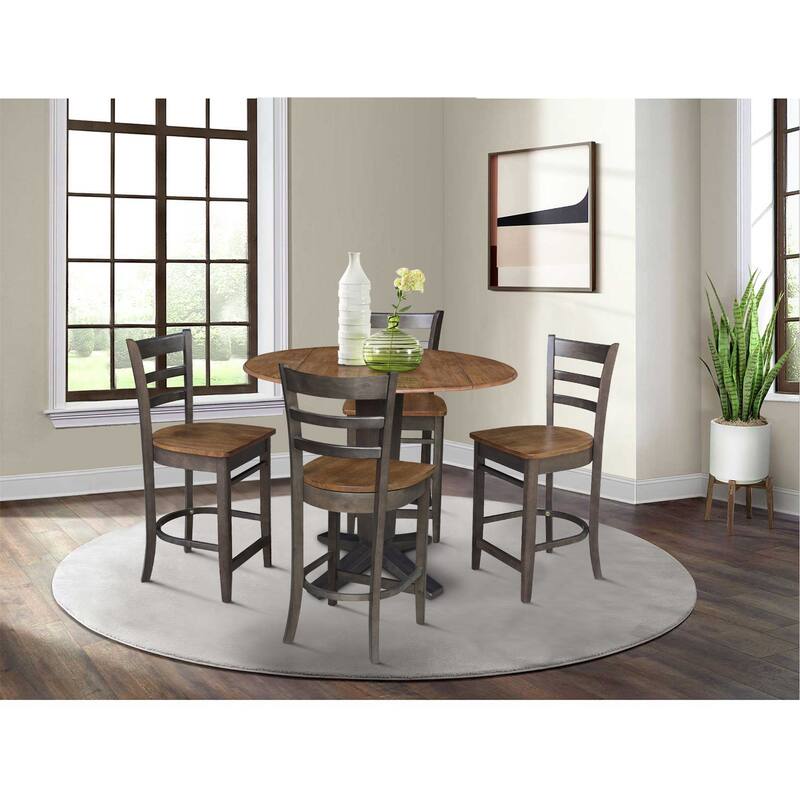 42 in Solid Wood Round Drop Leaf Counter Height Dining Table with Stools in Hickory/Washed Coal