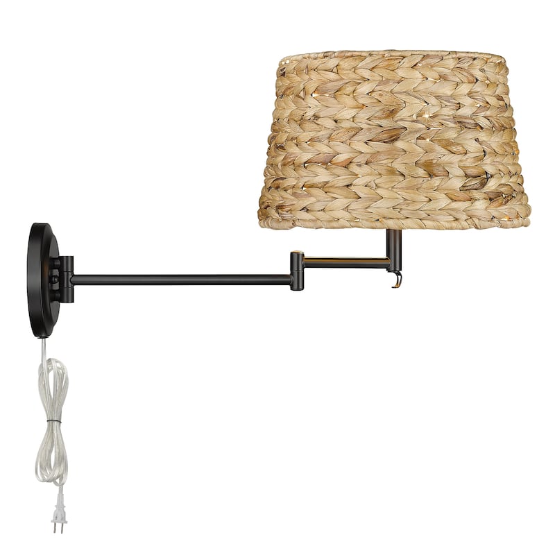 Wry Lighting Eleanor 1-light Swing Arm Wall Lamp in Matte Black and Woven Sweet Grass shade