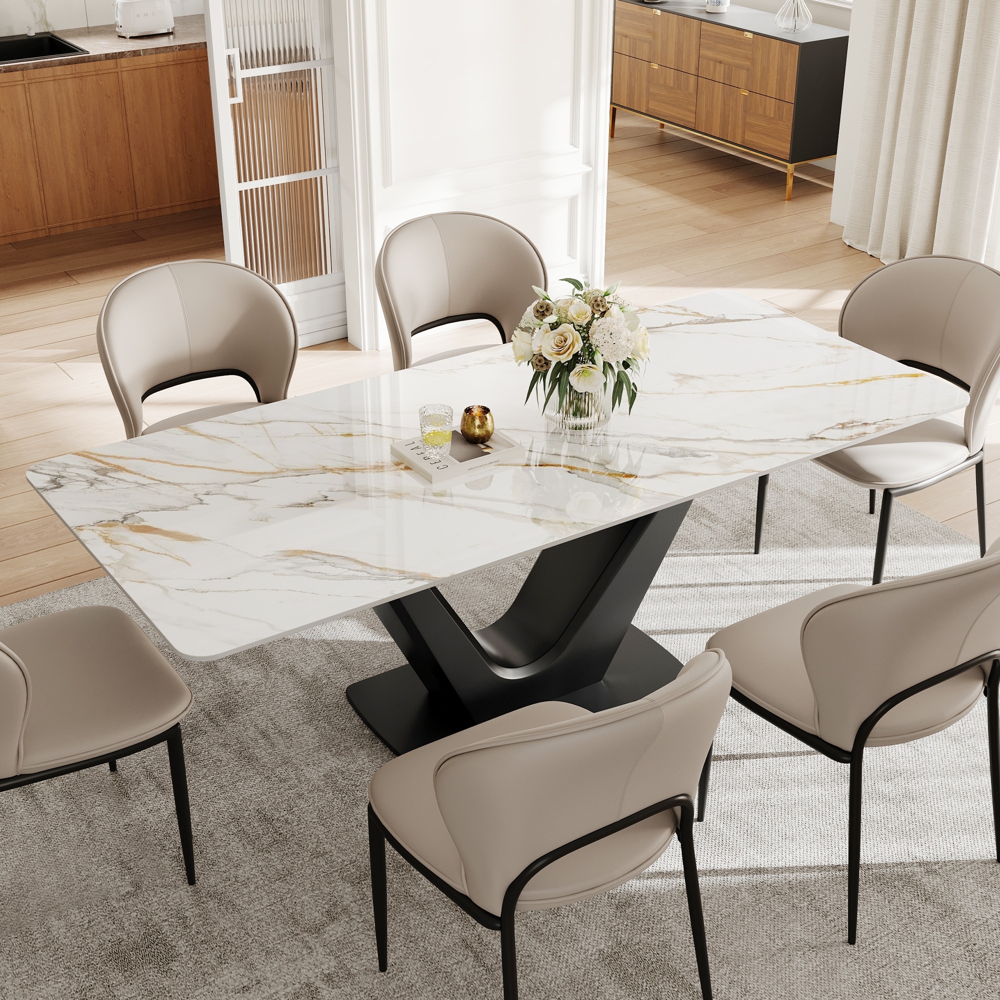 71'' Modern Rectangular Dining Table for 6, White Glossy Sintered Stone top with Gold Stainless Steel Legs