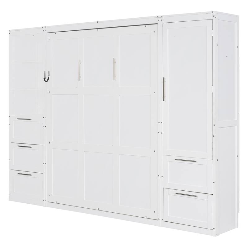 Queen Size Wall Bed with Closet, Drawers, and Shelves in White