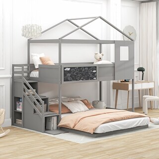 Twin over Full House Bunk Bed with Storage Staircase and Doodle Blackboard - Perfect for Kids' Bedroom