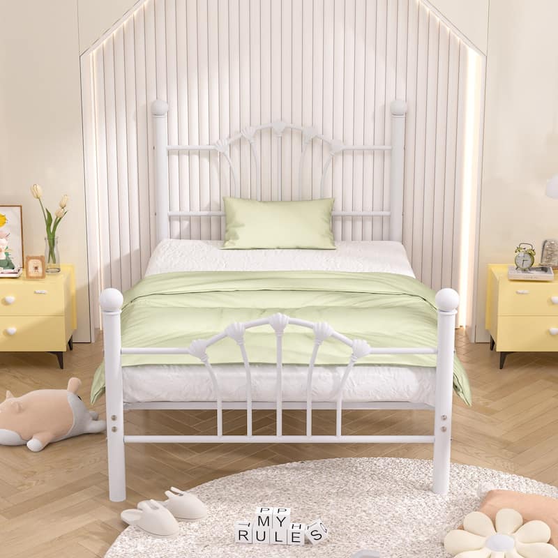 VECELO Classic Twin Size Metal Bed Frame Shell Design with Roman Columns Sturdy Twin Bed Frame for Kids Space-Saving Twin Bed - White - Twin