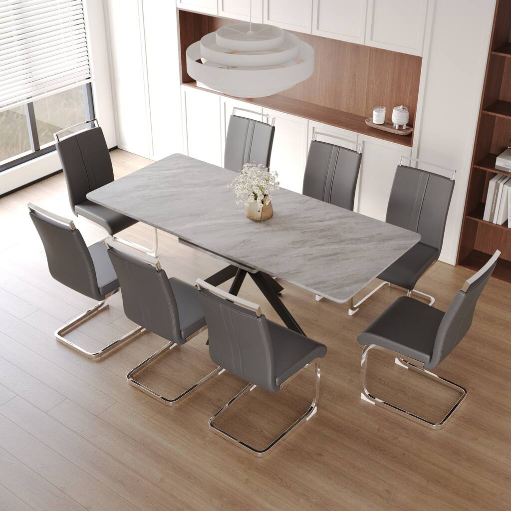 Modern Style Dining Set with Rectangular Extendable Metal Legs Table and High Back Armless Dining Chairs