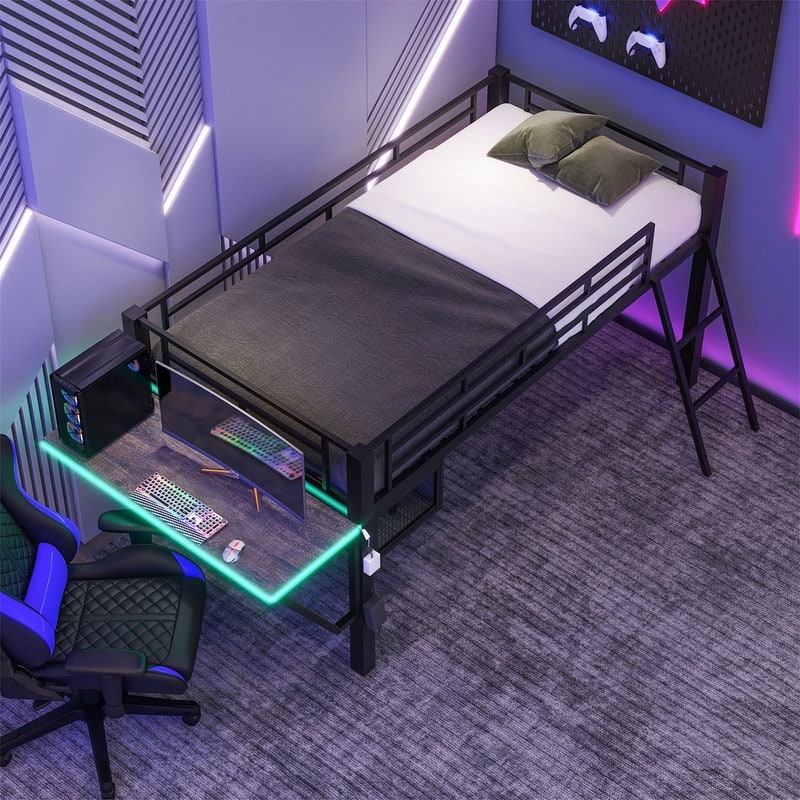Twin/Full Size Gaming Mid Loft Bed with Gaming Desk and LED Lights, Low Metal Loft Bedframe with Ladder for Kids Teens