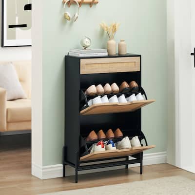 Natural Rattan 2 Flip Door Shoe Rack with 1 Drawer Storage Organizer for Entrance/ Hallway - 9.4"D x 24"W x 40.3"H