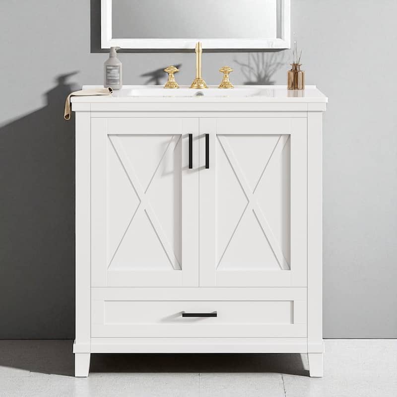 30" Modern Bathroom Vanity with Single Sink, Solid Wood Frame, Soft-Close Doors, and Storage Shelves - White
