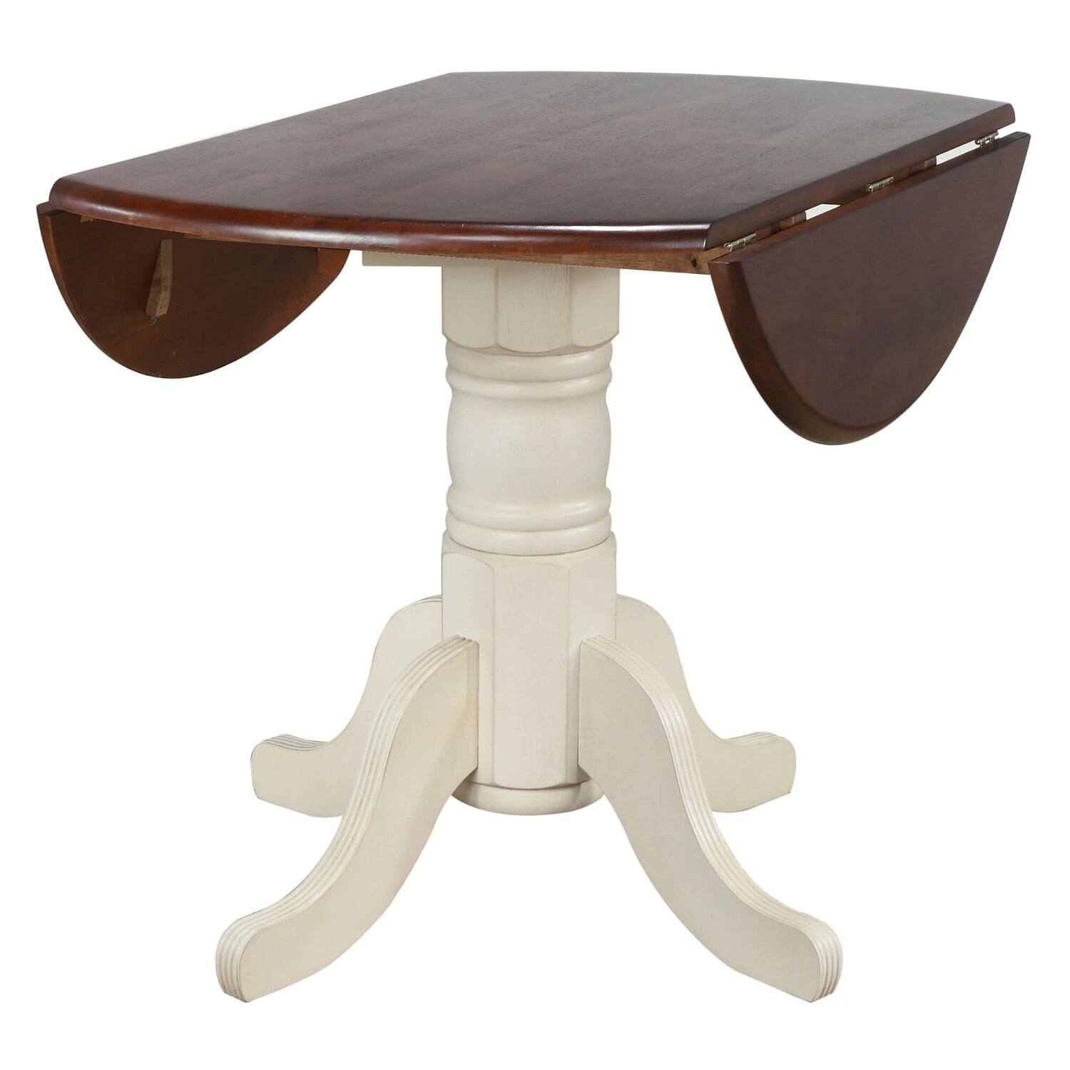 Round Extendable Dining Table 42" Art Deco Style Drop Leaf Table Seats 4 Antique White & Brown Finish - 32