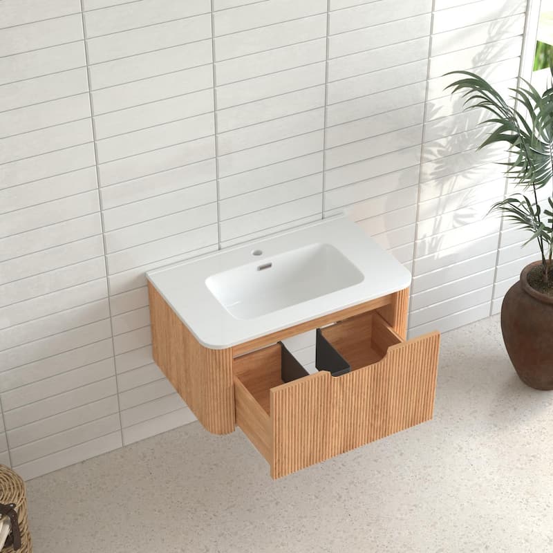 30" Wall-Mounted Floating Solid Wood Bathroom Vanity Pre-Assembled Curved Edge Storage Cabinet With Ceramic Basin