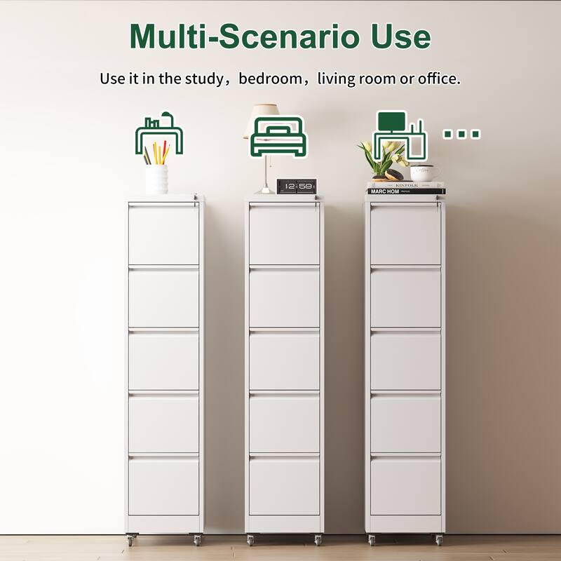 5 Drawer Metal Vertical File Cabinet with Wheels, Home Office Metal Storage Cabinet with Anti-Tilt & Locking Drawers