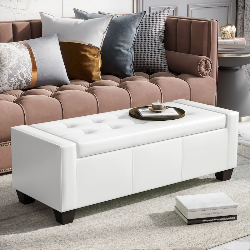Faux Leather Storage Ottoman Bench with Soft Foam Seat and Hidden Storage for Living Room - 50.5" L x 19.75" W x 17.75" H