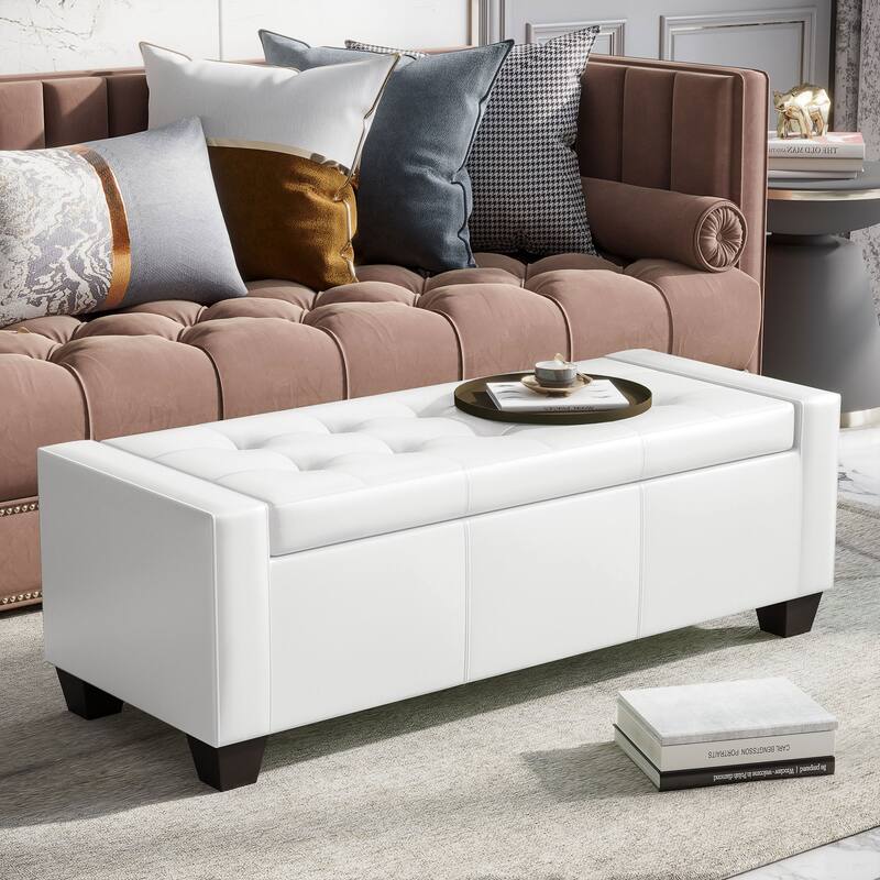 Porch & Den Pickard White Faux Leather Storage Ottoman Bench