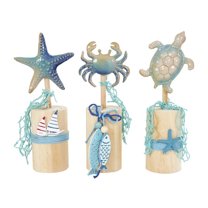 Ceramic Sea Life Handmade Ombre Decorative Sculpture with Cylinder Block Bases - Set of 3 Blue - Roche River Decor - Blue