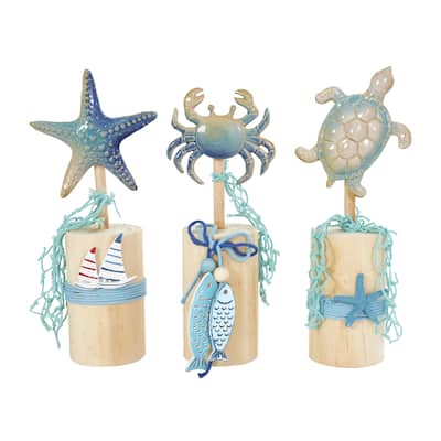 Ceramic Sea Life Handmade Ombre Decorative Sculpture with Cylinder Block Bases - Set of 3 Blue - Roche River Decor