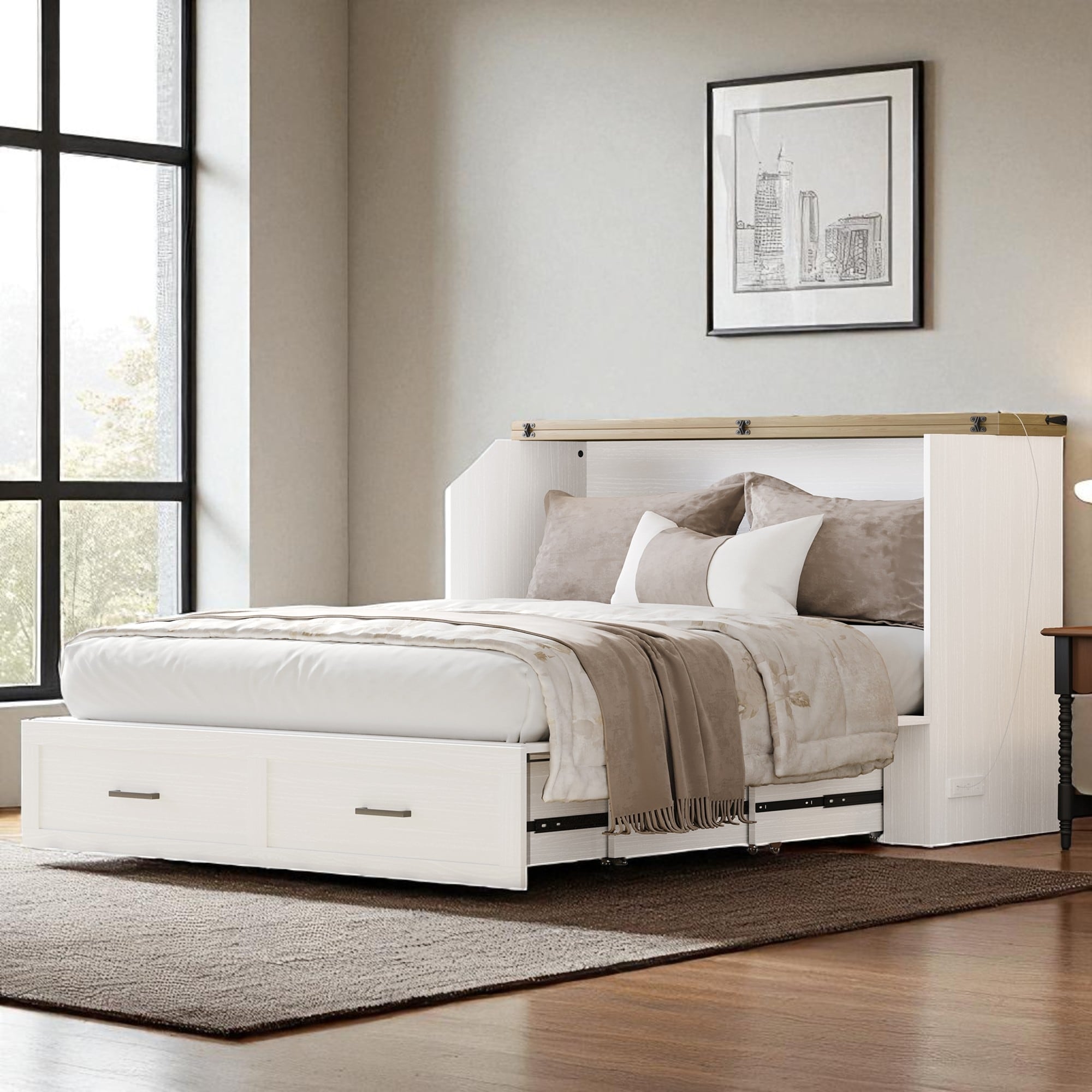 Queen Size Murphy Cabinet Bed with Charging Station, Foldable Platform Bed with Storage Drawers