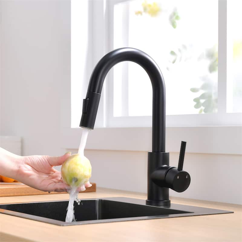 Single Handle Kitchen Faucet With Pull Down Sparyer 1 Hole Kitchen Sink Faucet 304 Stainless Steel Bar Taps - Matte Black