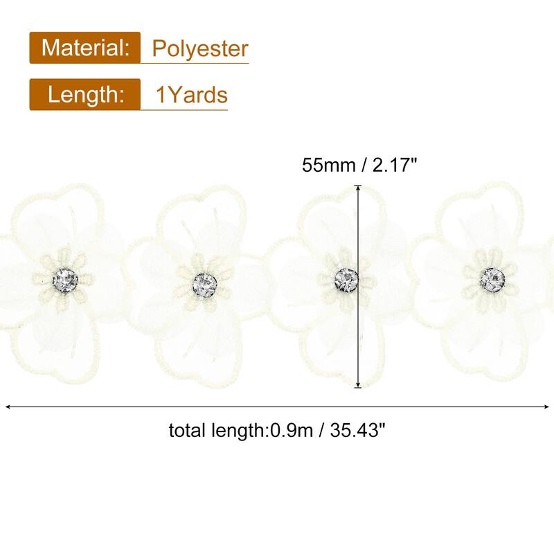 Flower Lace Trim Ribbon, Embroidered Polyester Applique - Light Yellow - 1Yards