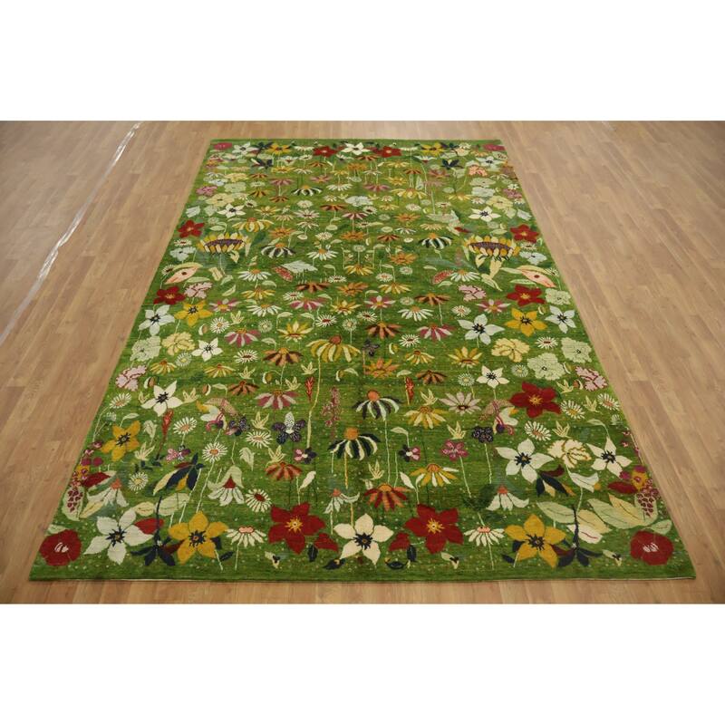 Hand Knotted Oriental 100% Wool Carpet Modern All-Over Green Gabbeh Area Rug - 11' 4'' X 7' 0''