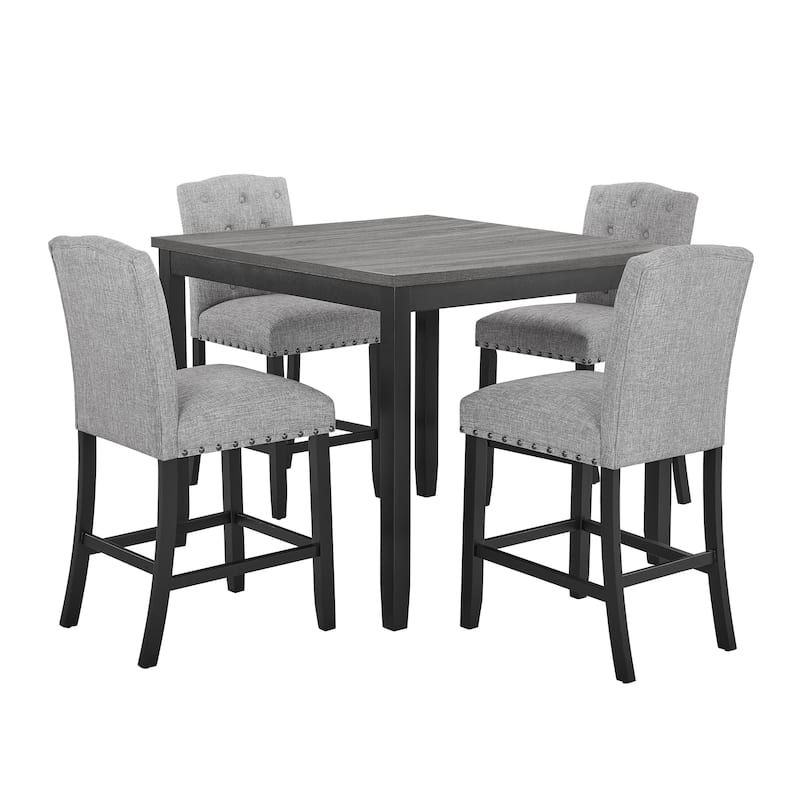 Phy 5pc Counter Table and Chairs Set, Nailheads, Tufted Gray Fabric, Black