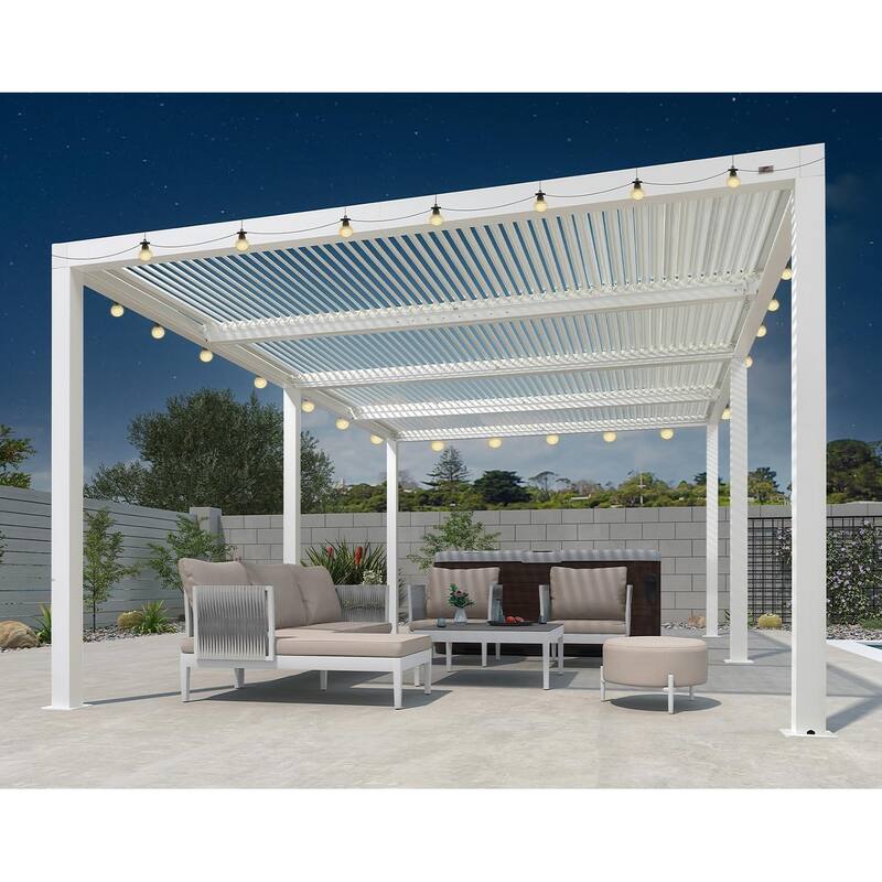 PURPLE LEAF Louvered Pergola with Solar Lights Hardtop Gazebo for Patio - 12' x 24' - White