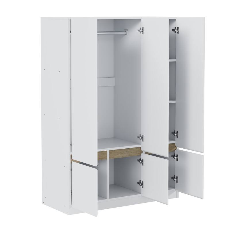 6-Doors Wooden Wardrobe Storage Armoire with Built-in Hanging Rail Clothes Storage Cabinet for Bedroom