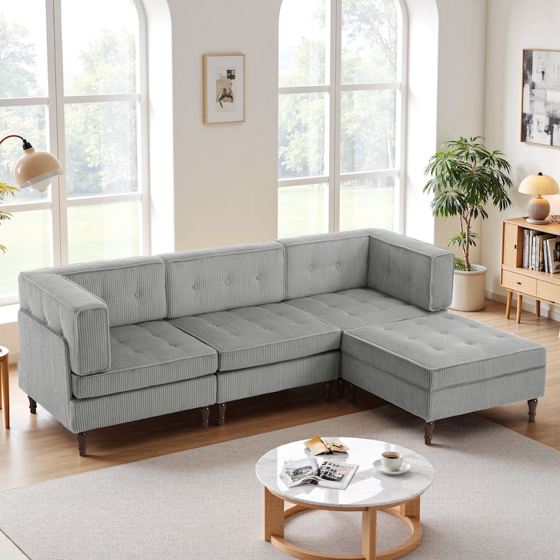 Oversized Sofa Corduroy Tufted Modular Sectional Set - Light Grey-4 peice - Reversible