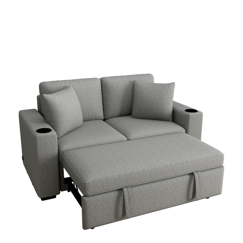 Convertible Sectional Sofa with Pull-out Sofa Bed and Dual Cup Holders