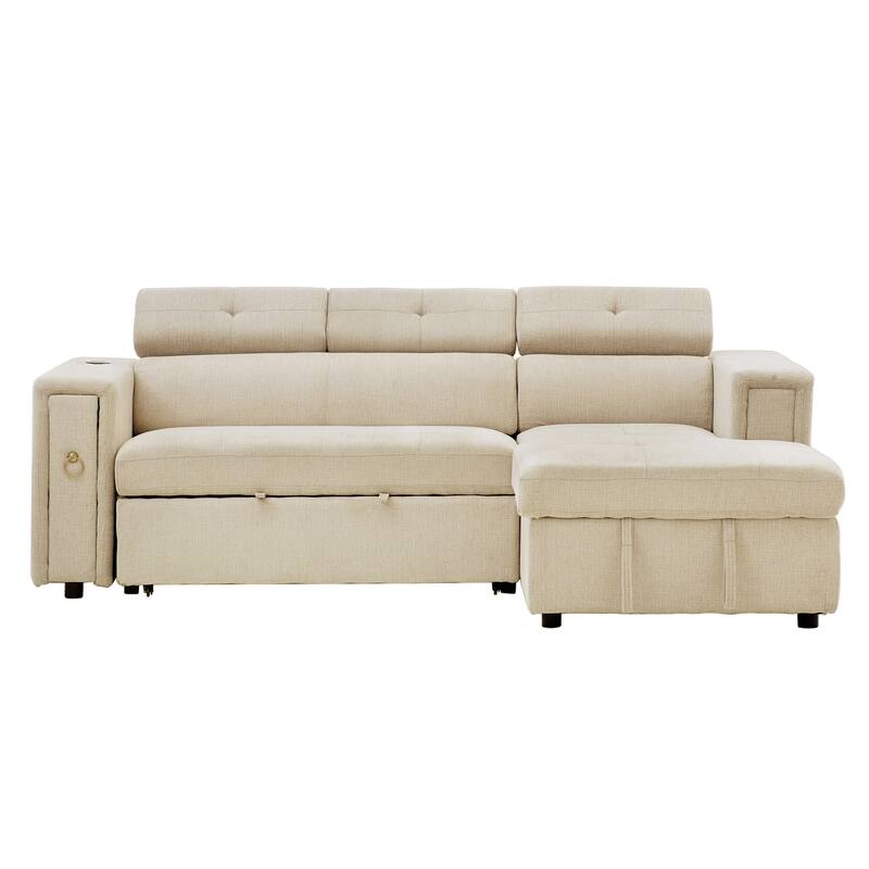 96" Multi-Functional L-Shape Pull-Out Sofa Bed, Beige Linen