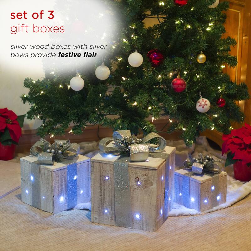 Alpine Corporation 3-Piece Decorative Wooden Christmas Gift Box Set with LED Lights