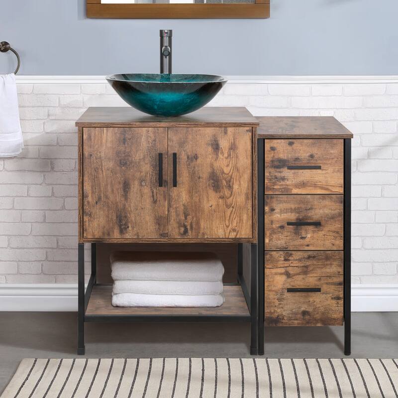 36" Bathroom Vanity Set Organizer Top Vessel Sink W/ Faucet Drain Cabinet Combo - turquoise square sink