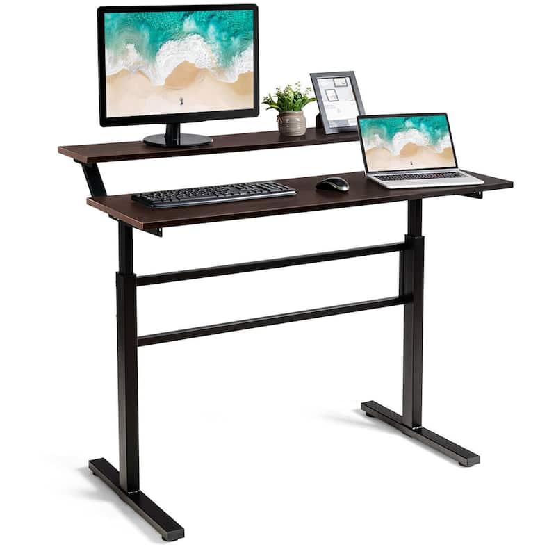 Gymax Standing Desk Crank Adjustable Sit to Stand Workstation with - Brown