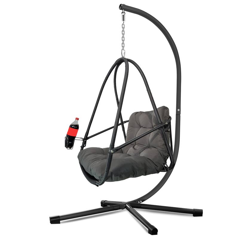 Swing Egg Chair with Stand and Cup Holder, Basket Hanging Chair with Cushion & Pillow Patio Wicker Hanging Chair