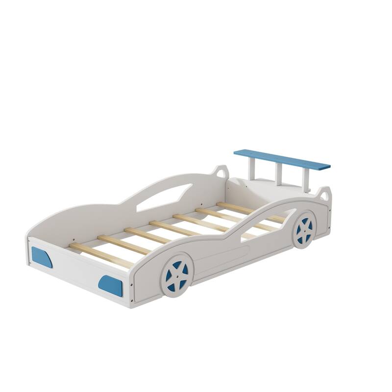 Wooden Race Car Bed, Twin Size CarShaped Platform Bed with Wheels For