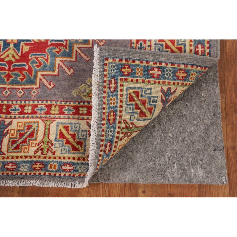 Grey Geometric Kazak Area Rug Handmade Oriental Wool Carpet - 4'1" x 6'2"